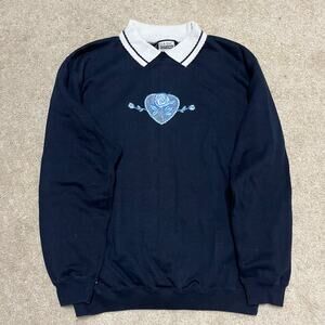 Basic Editions Navy Rose Embroidered Polo Collar Sweatshirt Large